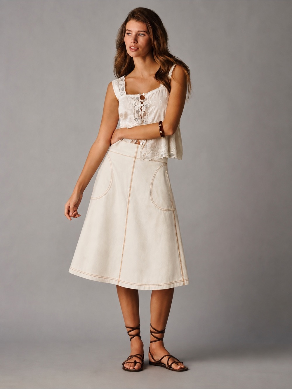 Anthropologie Ivory Cotton A-Line Midi Skirt Exposed Seam Detail Pockets US 8